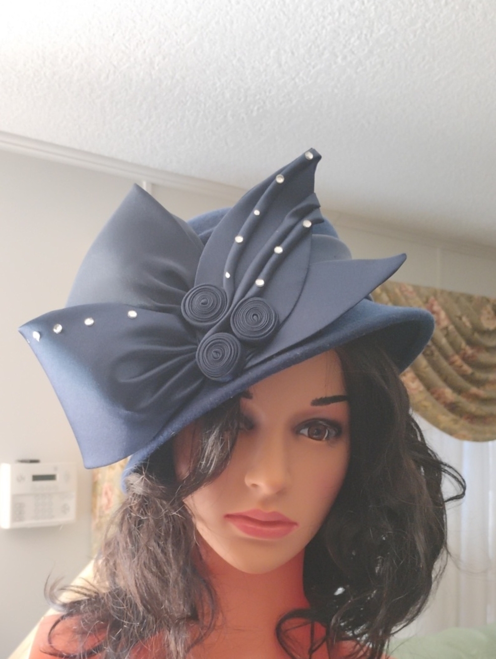 Navy Women's Decorative Satin Occasion Hat with Pearl Trim